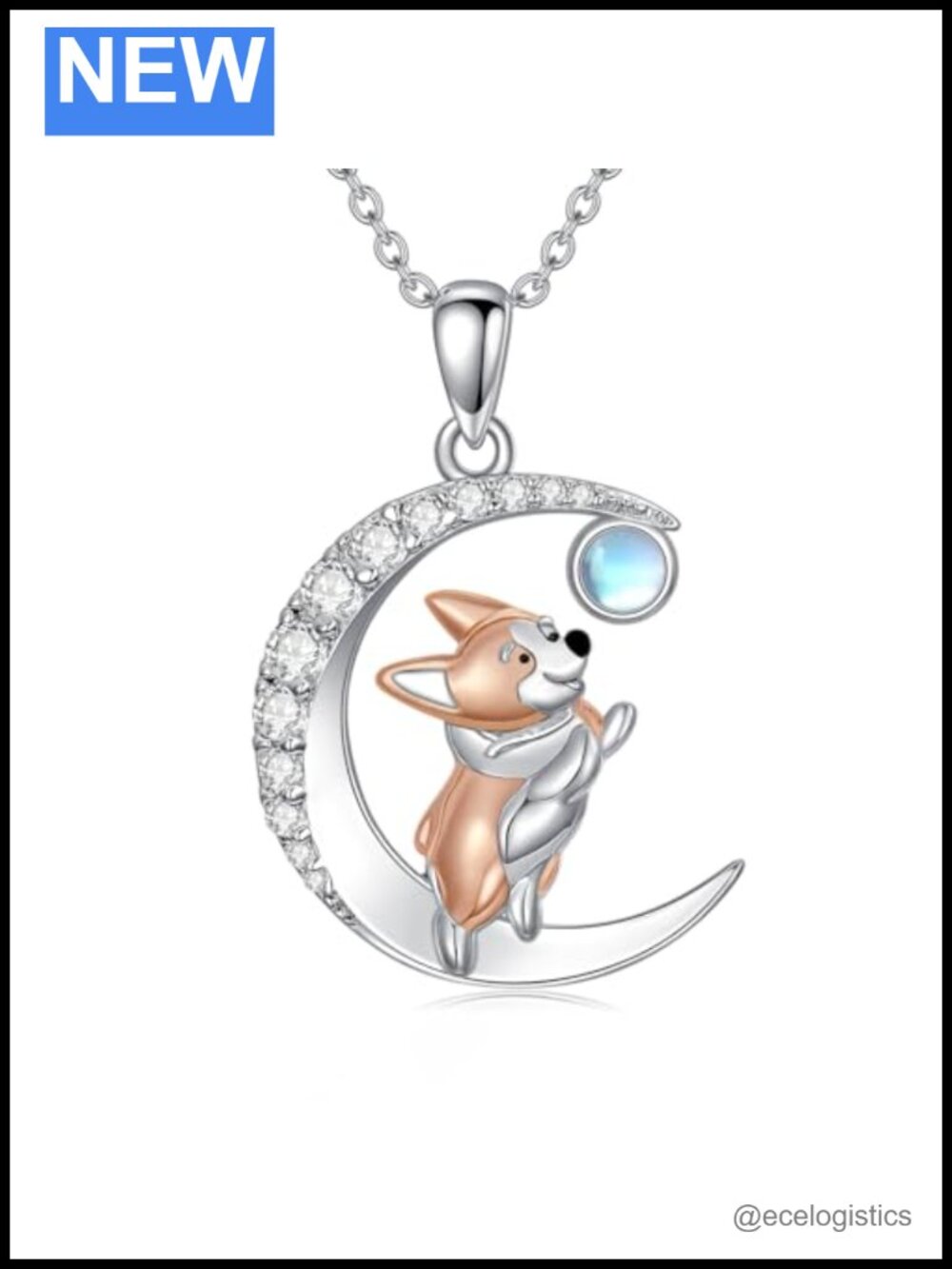 925 Sterling Silver Corgi Necklace Moonstone Pendant Animal Jewelry Gift